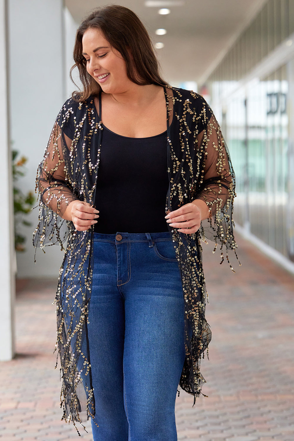 Plus Size Contrast Sequin Sheer Mesh Cardigan Southern Rivers